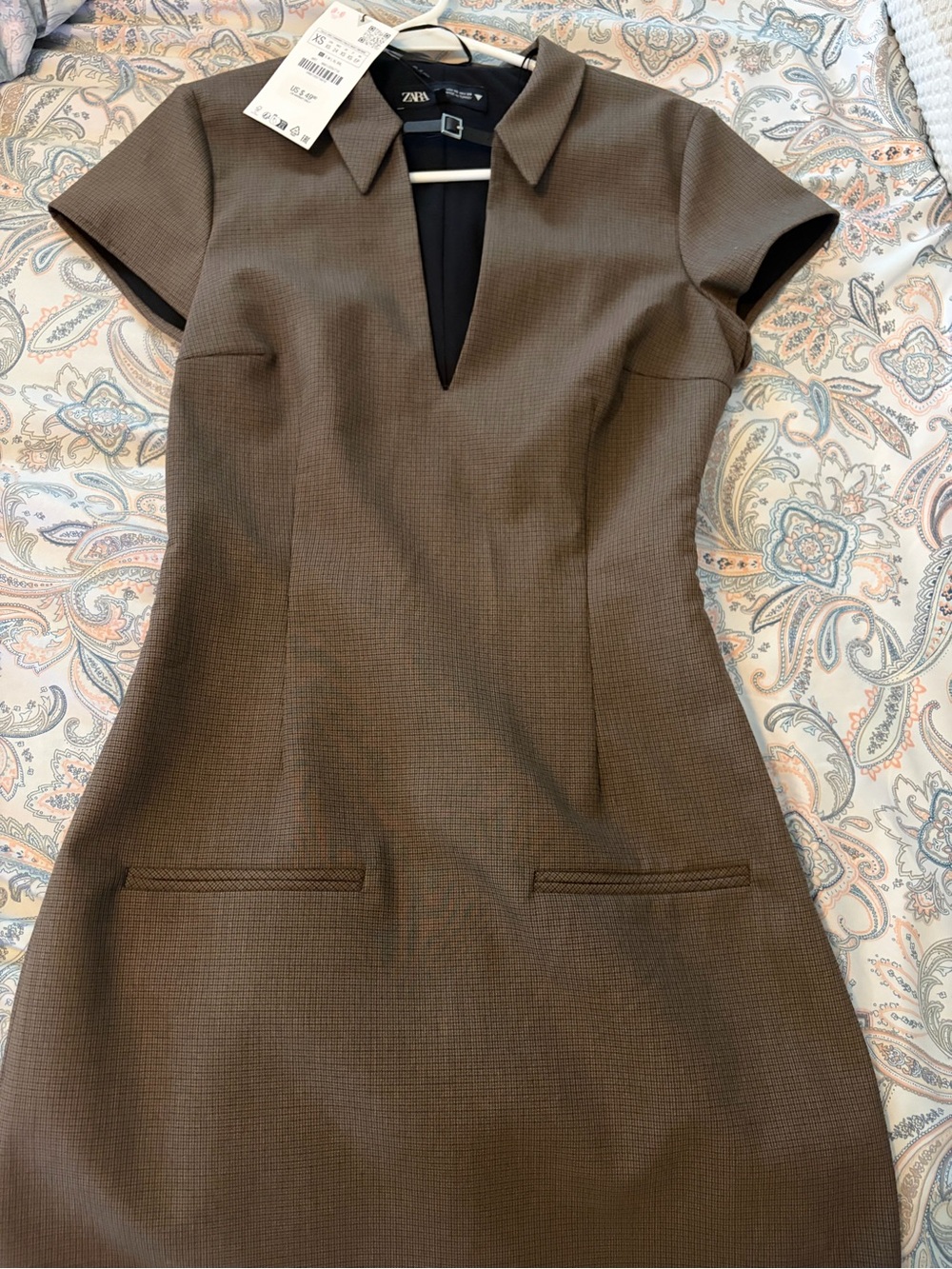 Zara Brown Tailored Mini Dress with Notch V-Neck